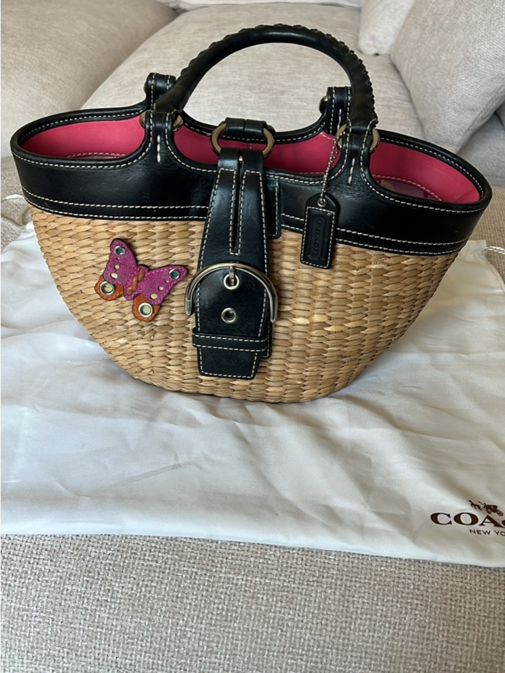 Vintage Coach Straw Mini Tote with Black Leather Trim and Pink Interior